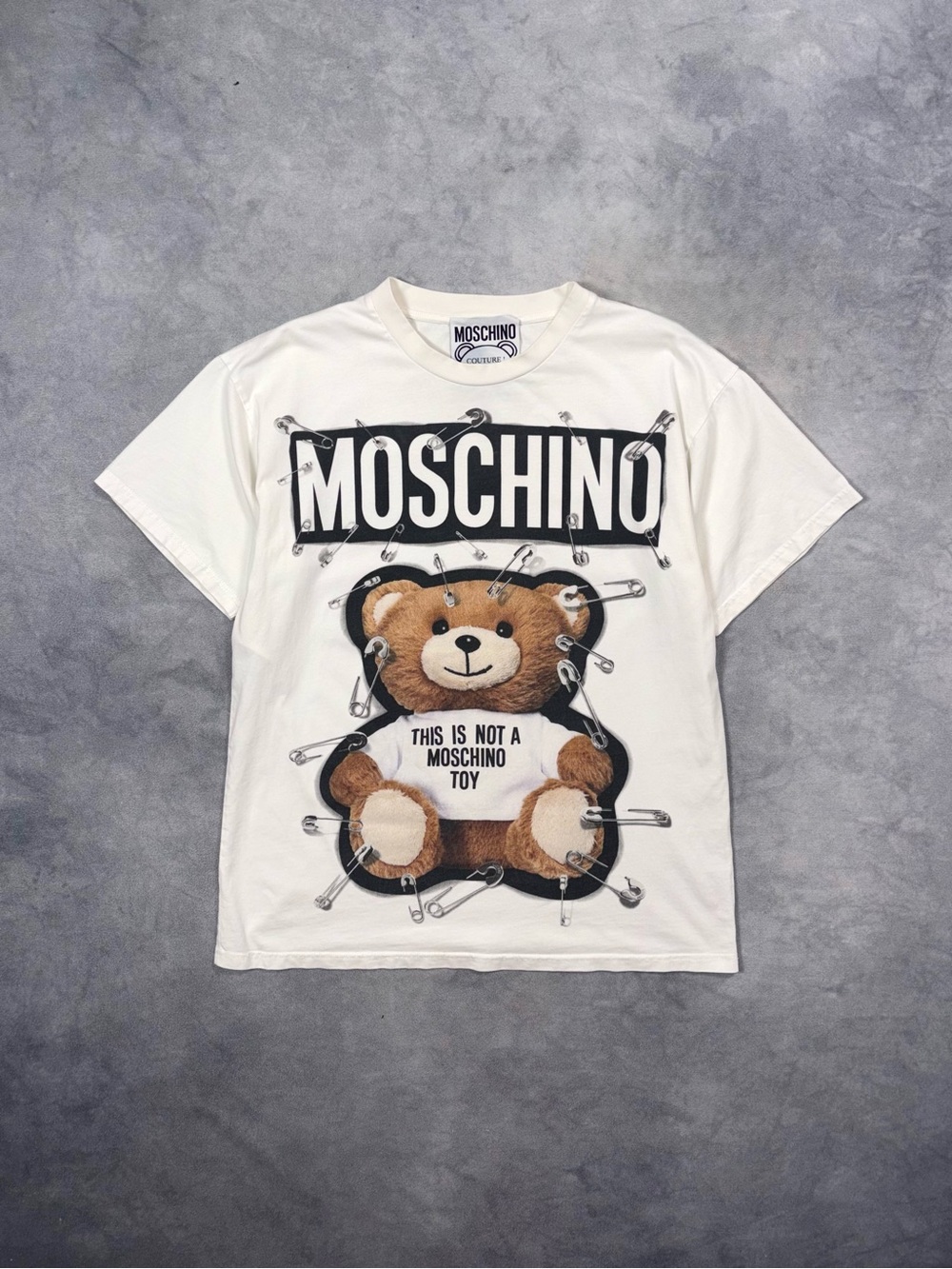 Moschino Couture by Jeremy Scott Safety Pin Teddy Bear Graphic Y2K T Shirt